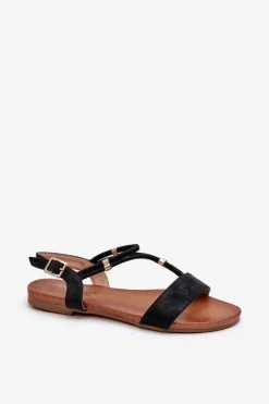 Outlet Damskie Płaskie Sandały Z Paskami S.Barski KV27-010 Czarne Damskie Sandały Płaskie