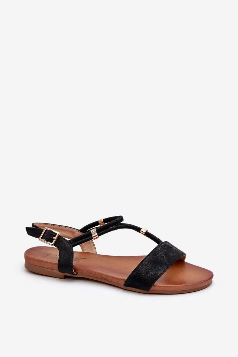 Outlet Damskie Płaskie Sandały Z Paskami S.Barski KV27-010 Czarne Damskie Sandały Płaskie