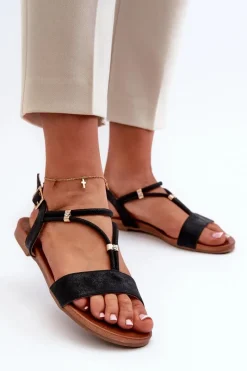 Outlet Damskie Płaskie Sandały Z Paskami S.Barski KV27-010 Czarne Damskie Sandały Płaskie