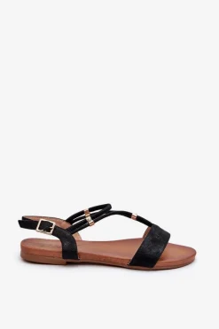 Outlet Damskie Płaskie Sandały Z Paskami S.Barski KV27-010 Czarne Damskie Sandały Płaskie