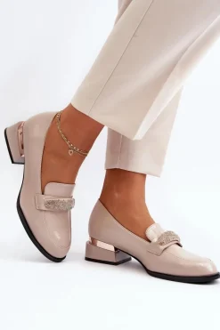 Damskie Półbuty Lakierowane Na Niskim Obcasie Beżowe Marilni Damskie Półbuty Lakierowane