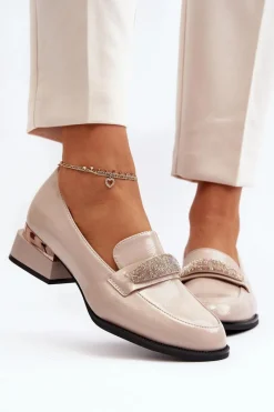 Damskie Półbuty Lakierowane Na Niskim Obcasie Beżowe Marilni Damskie Półbuty Lakierowane