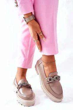 Discount Laura Messi Damskie Półbuty Loafery Skórzane Ciemny Beż 2383