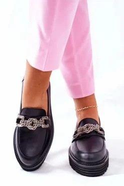 Półbuty Skórzane>Laura Messi Damskie Półbuty Loafery Skórzane Czarne 2383