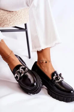 Półbuty Skórzane|Mokasyny Damskie Lakierowane>Laura Messi Damskie Półbuty Loafery Skórzane Czarno-Srebrne 2339