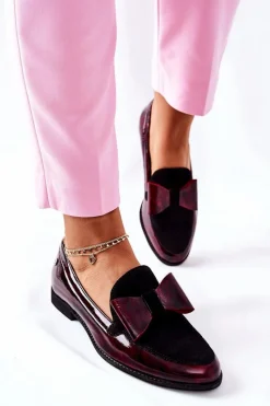 Półbuty Lakierowane|Półbuty Skórzane>Maciejka Damskie Półbuty Lakierowane Loafery Marmurkowe Bordowe 04099-33