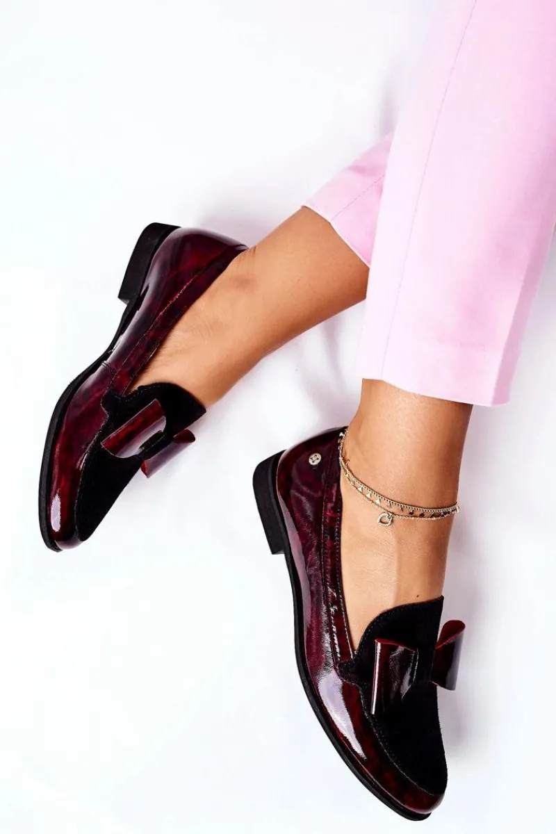 Półbuty Lakierowane|Półbuty Skórzane>Maciejka Damskie Półbuty Lakierowane Loafery Marmurkowe Bordowe 04099-33