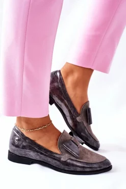 Discount Damskie Półbuty Lakierowane Loafery Szare 04099-03/00-1 Damskie Półbuty Lakierowane|Półbuty Skórzane