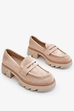 Sale Boto Damskie Półbuty Mokasyny Na Płaskim Obcasie Beżowe Fletcher
