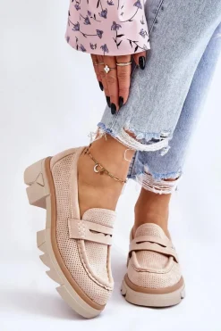 Sale Boto Damskie Półbuty Mokasyny Na Płaskim Obcasie Beżowe Fletcher