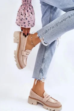 Sale Boto Damskie Półbuty Mokasyny Na Płaskim Obcasie Beżowe Fletcher