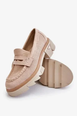 Sale Boto Damskie Półbuty Mokasyny Na Płaskim Obcasie Beżowe Fletcher