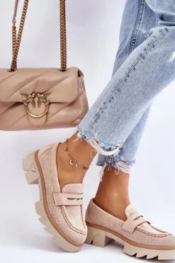 Sale Boto Damskie Półbuty Mokasyny Na Płaskim Obcasie Beżowe Fletcher