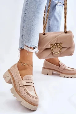 Sale Boto Damskie Półbuty Mokasyny Na Płaskim Obcasie Beżowe Fletcher