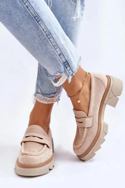 Sale Boto Damskie Półbuty Mokasyny Na Płaskim Obcasie Beżowe Fletcher