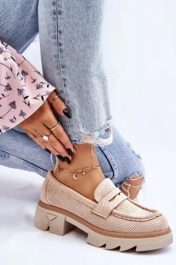 Sale Boto Damskie Półbuty Mokasyny Na Płaskim Obcasie Beżowe Fletcher