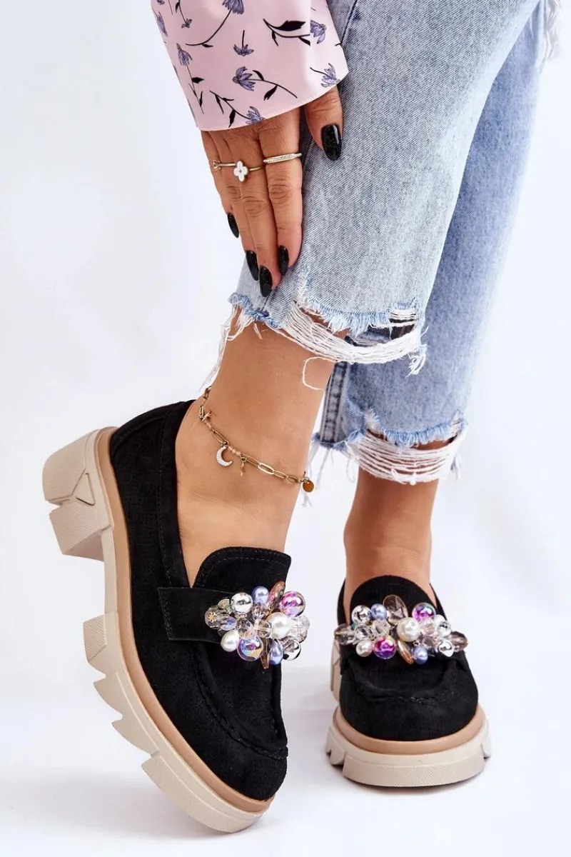 Clearance Damskie Półbuty Mokasyny Z Ozdobami Czarne Issac Damskie Mokasyny Damskie Zamszowe