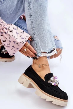 Clearance Damskie Półbuty Mokasyny Z Ozdobami Czarne Issac Damskie Mokasyny Damskie Zamszowe