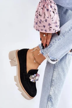 Clearance Damskie Półbuty Mokasyny Z Ozdobami Czarne Issac Damskie Mokasyny Damskie Zamszowe