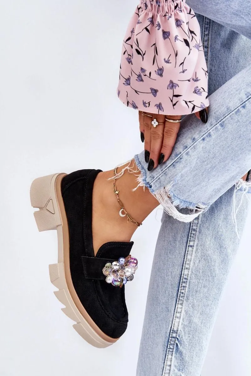 Clearance Damskie Półbuty Mokasyny Z Ozdobami Czarne Issac Damskie Mokasyny Damskie Zamszowe