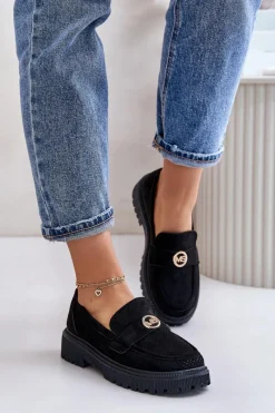 Clearance Damskie Półbuty Mokasyny Ze Złotym Detalem Czarne Arilva Damskie Mokasyny Damskie Zamszowe