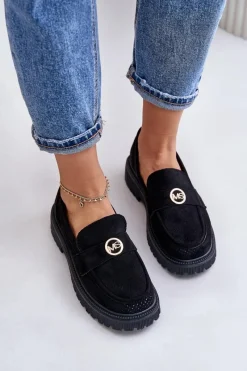 Clearance Damskie Półbuty Mokasyny Ze Złotym Detalem Czarne Arilva Damskie Mokasyny Damskie Zamszowe