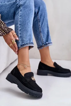 Clearance Damskie Półbuty Mokasyny Ze Złotym Detalem Czarne Arilva Damskie Mokasyny Damskie Zamszowe
