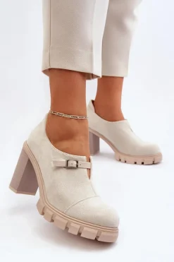 Czółenka Na Platformie|Czółenka Zamszowe>Boto Damskie Półbuty Na Obcasie Słupku Jasnobeżowe Tauina Beżowy