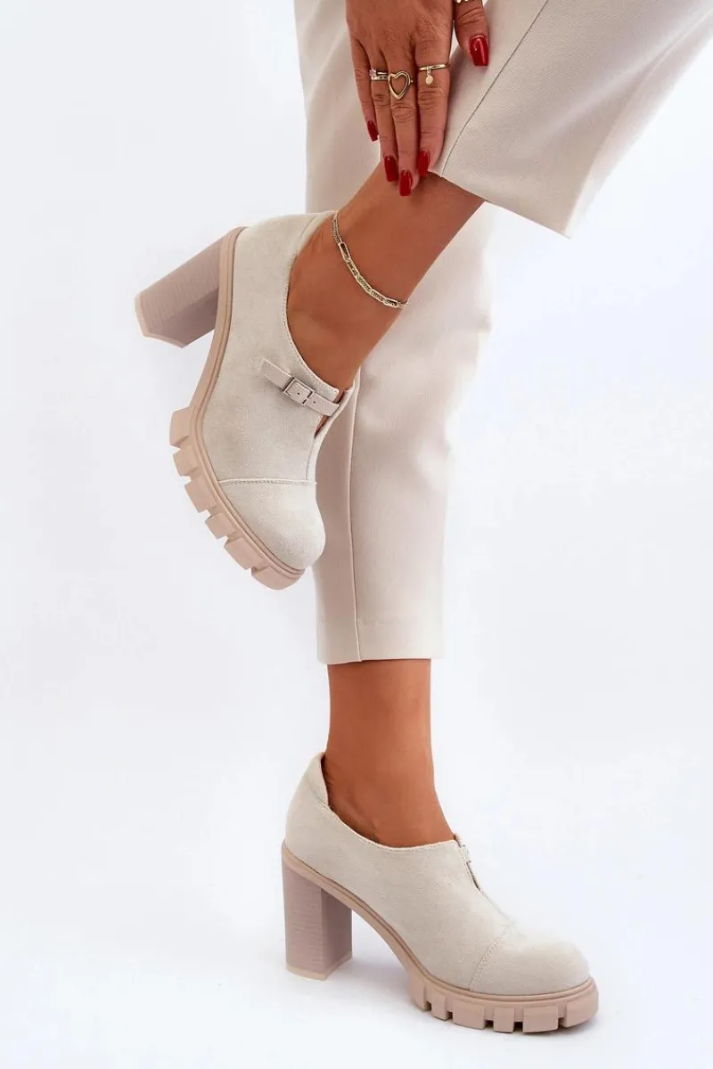 Czółenka Na Platformie|Czółenka Zamszowe>Boto Damskie Półbuty Na Obcasie Słupku Jasnobeżowe Tauina Beżowy