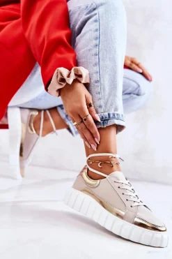 Best Damskie buty S.Barski Damskie Półbuty Na Platformie Beżowo-Złote Noriso