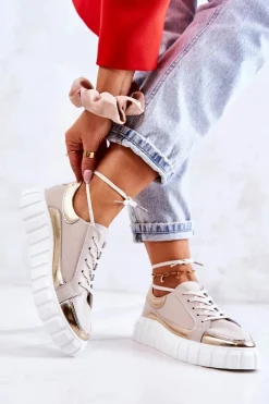 Best Damskie buty S.Barski Damskie Półbuty Na Platformie Beżowo-Złote Noriso