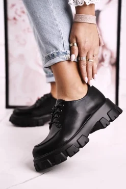 New Damskie Półbuty Oxfordy Na Masywnej Platformie S.Barski HX23 Czarne Damskie Półbuty Lakierowane