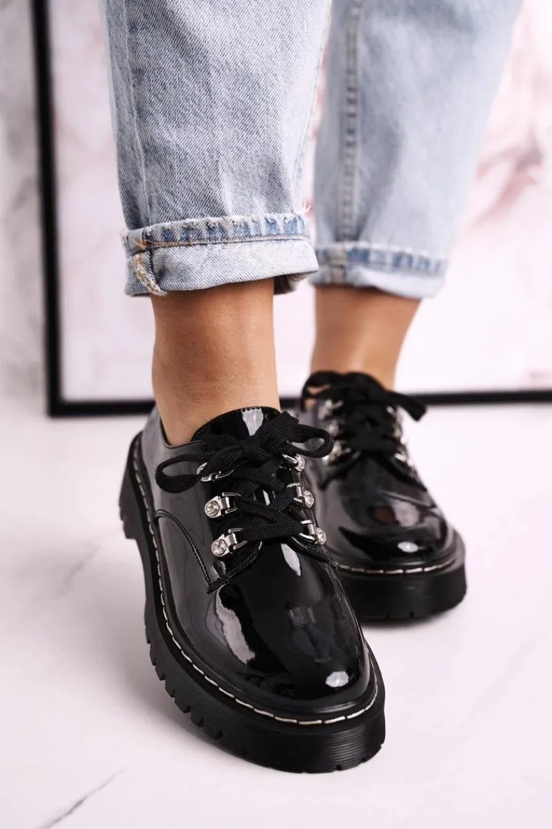 Hot Damskie Półbuty Oxfordy Na Platformie S.Barski HX15 Lakierowane Czarne Damskie Półbuty Lakierowane