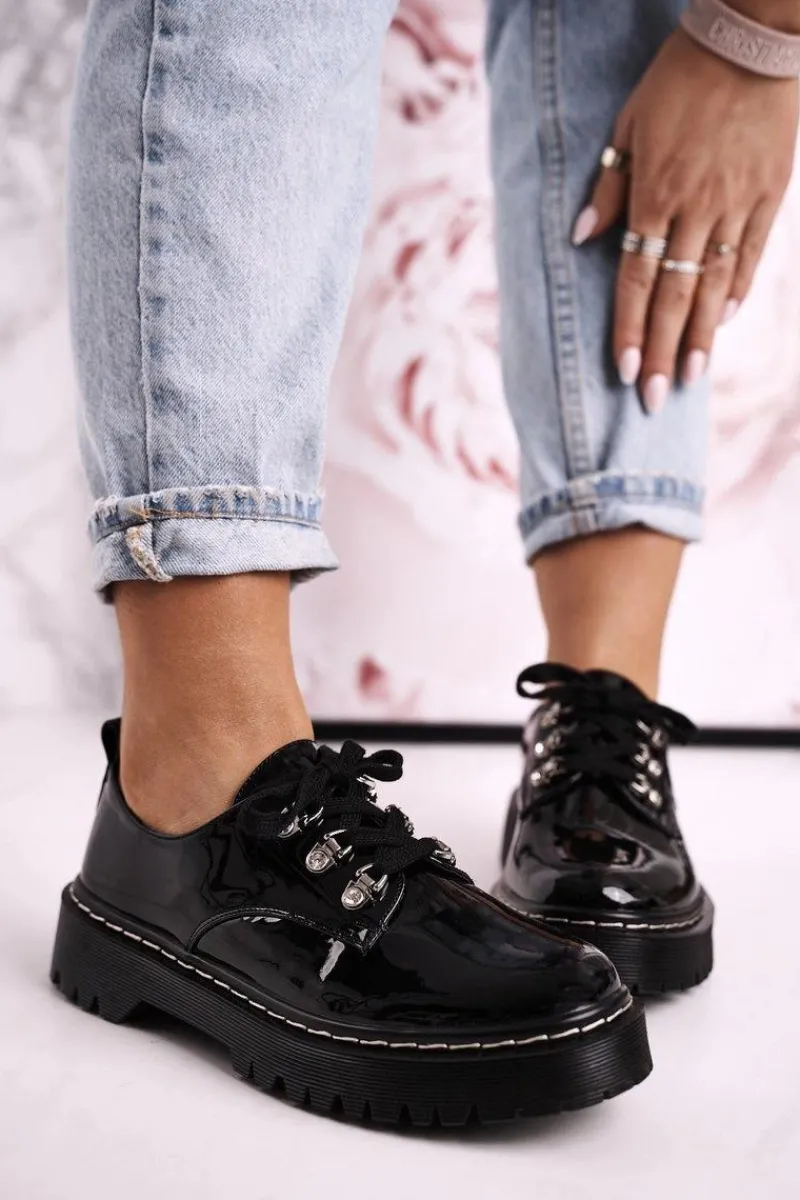 Hot Damskie Półbuty Oxfordy Na Platformie S.Barski HX15 Lakierowane Czarne Damskie Półbuty Lakierowane