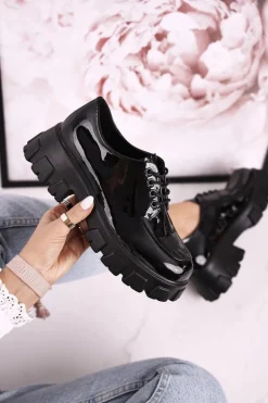 Clearance Damskie buty S.Barski Damskie Półbuty Oxfordy Na Masywnej Platformie S.Barski HX23 Lakierowane Czarne