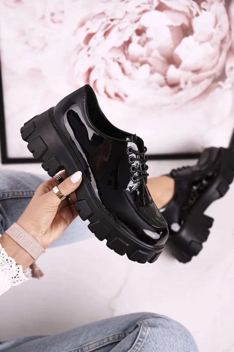 Clearance Damskie buty S.Barski Damskie Półbuty Oxfordy Na Masywnej Platformie S.Barski HX23 Lakierowane Czarne