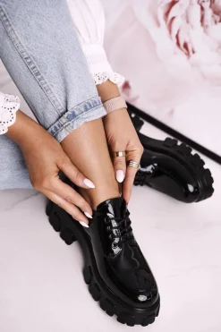 Clearance Damskie buty S.Barski Damskie Półbuty Oxfordy Na Masywnej Platformie S.Barski HX23 Lakierowane Czarne