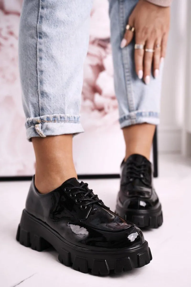 Clearance Damskie buty S.Barski Damskie Półbuty Oxfordy Na Masywnej Platformie S.Barski HX23 Lakierowane Czarne