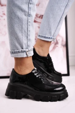 Clearance Damskie buty S.Barski Damskie Półbuty Oxfordy Na Masywnej Platformie S.Barski HX23 Lakierowane Czarne