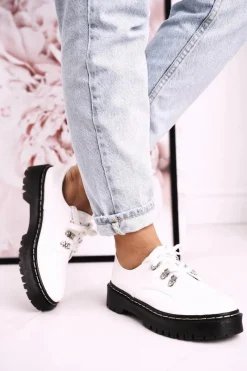 Outlet Damskie buty S.Barski Damskie Półbuty Oxfordy Na Platformie S.Barski HX15 Lakierowane Białe