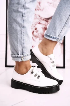 Outlet Damskie buty S.Barski Damskie Półbuty Oxfordy Na Platformie S.Barski HX15 Lakierowane Białe