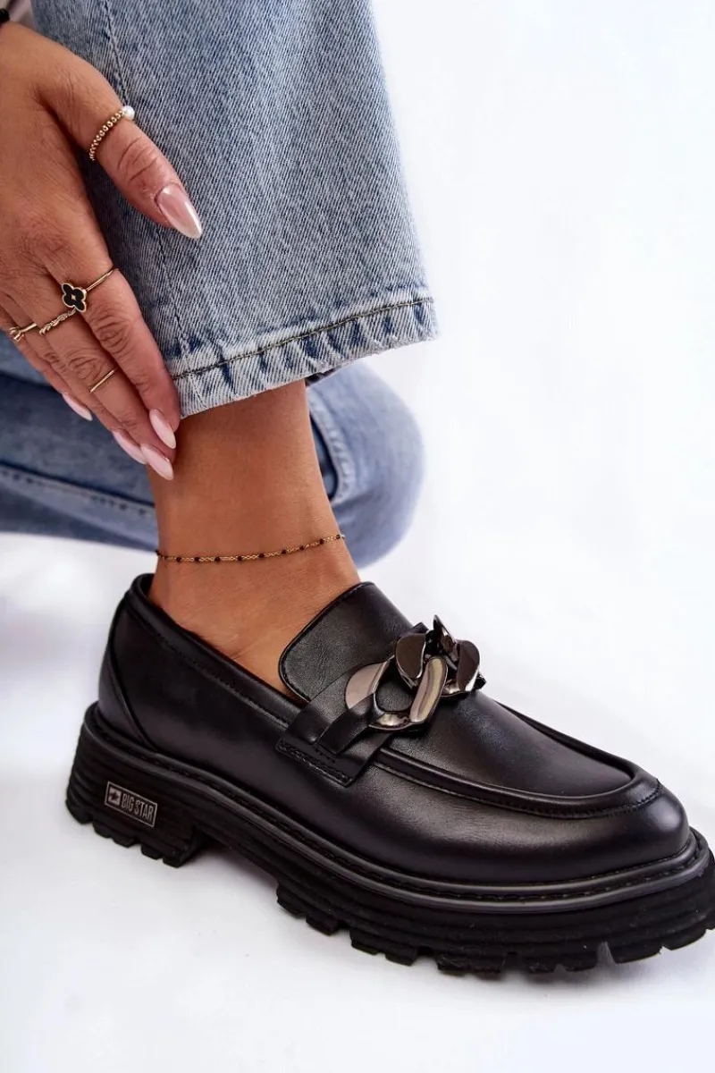 Damskie Półbuty Skórzane Big Star KK274498 Czarne Damskie Mokasyny Damskie Skórzane