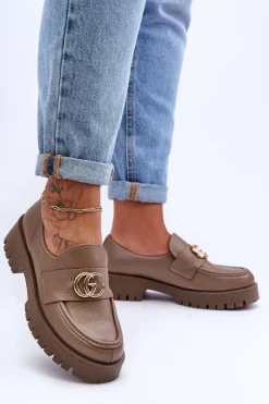 Hot Damskie Półbuty Skórzane Z Ozdobą Ciemnobeżowe Rosefalls Damskie Półbuty Skórzane