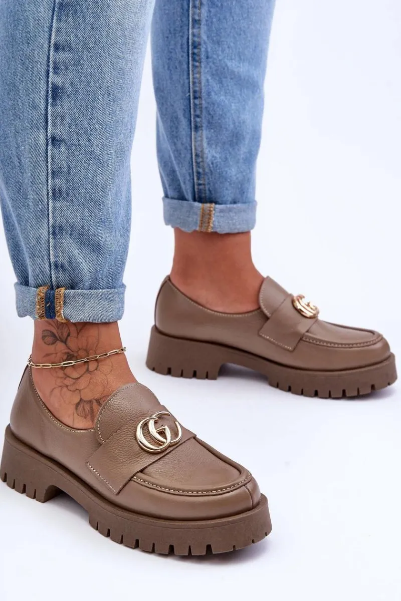 Hot Damskie Półbuty Skórzane Z Ozdobą Ciemnobeżowe Rosefalls Damskie Półbuty Skórzane