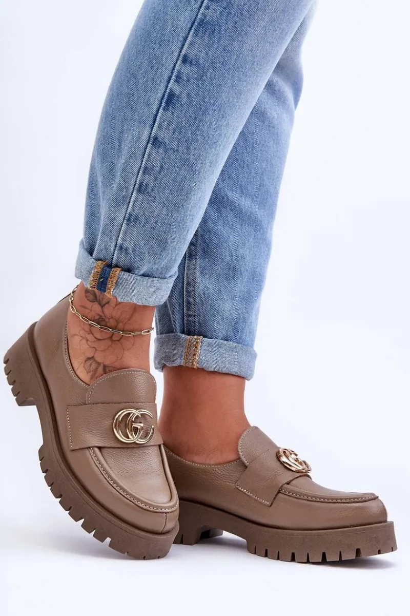 Hot Damskie Półbuty Skórzane Z Ozdobą Ciemnobeżowe Rosefalls Damskie Półbuty Skórzane