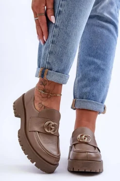 Hot Damskie Półbuty Skórzane Z Ozdobą Ciemnobeżowe Rosefalls Damskie Półbuty Skórzane