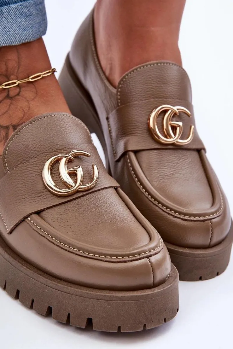 Hot Damskie Półbuty Skórzane Z Ozdobą Ciemnobeżowe Rosefalls Damskie Półbuty Skórzane