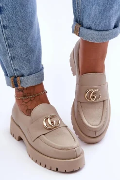 Outlet Laura Messi Damskie Półbuty Skórzane Z Ozdobą Beżowe Rosefalls Beżowy