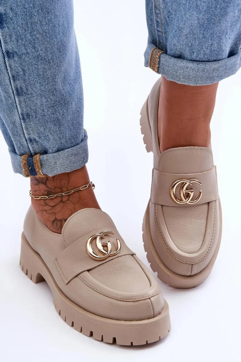 Outlet Laura Messi Damskie Półbuty Skórzane Z Ozdobą Beżowe Rosefalls Beżowy