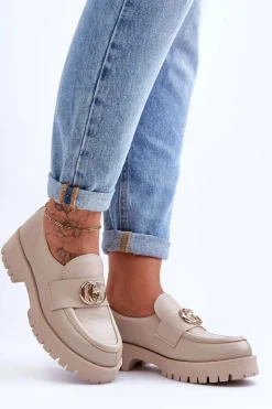 Outlet Laura Messi Damskie Półbuty Skórzane Z Ozdobą Beżowe Rosefalls Beżowy